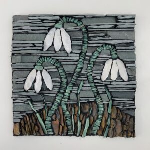 Snowdrops, Rachel Davies, Dunblane, Scotland, slate aventurine, recycled ceramic mosaic, 2021
